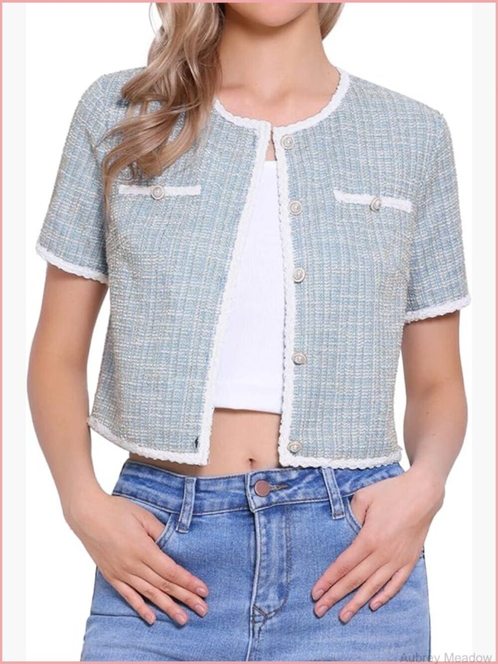 Short Sleeve Tweed Cropped Cardigan Crew Neck Pearl Buttons